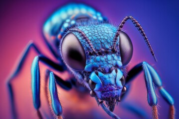 extreme ant macro photography on blue and purple background, generative ai