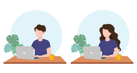 A man and a woman work on a computer, on a laptop in the office or at home. Freelancer or student. Home office concept. Vector illustration in a flat cartoon style.