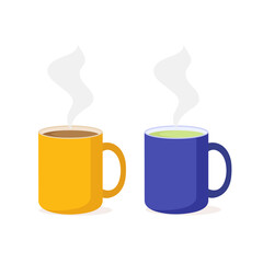 Porcelain mugs. Mug of green tea and coffee with steam. Vector illustration in a flat style.