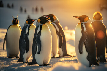 Obraz premium Penguins at antarctica on sunset sky abstract background. Animal and nature environment concept. Generative ai