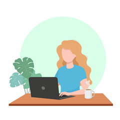 A woman with blond hair working on a computer in the office or at home. Freelancer or student. Home office concept. Vector illustration in a flat cartoon style.