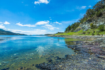 Fototapeta premium Landscape of Argentine Patagonia from the Coastal Path at Tierra del Fuego National Park - Ushuaia, Argentina