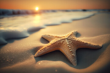 Fototapeta na wymiar Starfish on sand beach and wave ocean with sunset sky abstract background. Generative ai