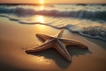 Obraz na płótnie Canvas Starfish on sand beach and wave ocean with sunset sky abstract background. Generative ai