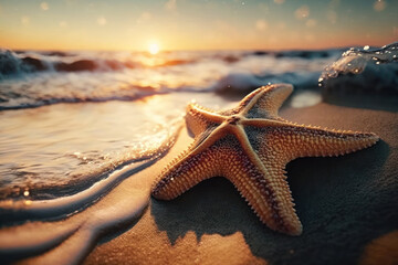 Starfish on sand beach and wave ocean with sunset sky abstract background. Generative ai