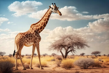 Obraz premium Giraffe at savanna on sunset sky abstract background. Animal and nature environment concept. Generative ai