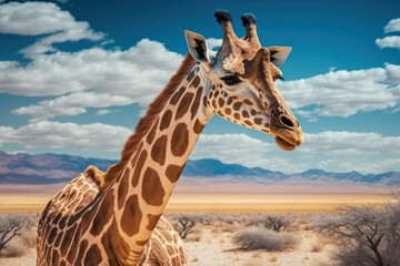 Naklejka premium Giraffe at savanna on sunset sky abstract background. Animal and nature environment concept. Generative ai