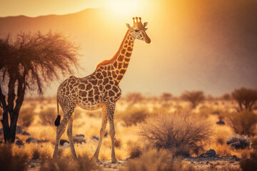 Obraz premium Giraffe at savanna on sunset sky abstract background. Animal and nature environment concept. Generative ai