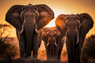 Fototapeta na wymiar Elephants at savanna on sunset sky abstract background. Animal and nature environment concept. Generative ai