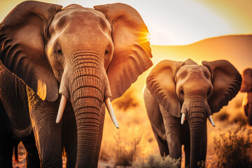 Elephants at savanna on sunset sky abstract background. Animal and nature environment concept. Generative ai