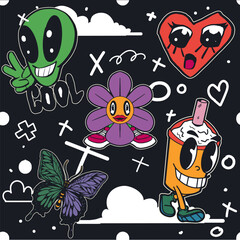 Flat retro seamless patterns with a 90s influence