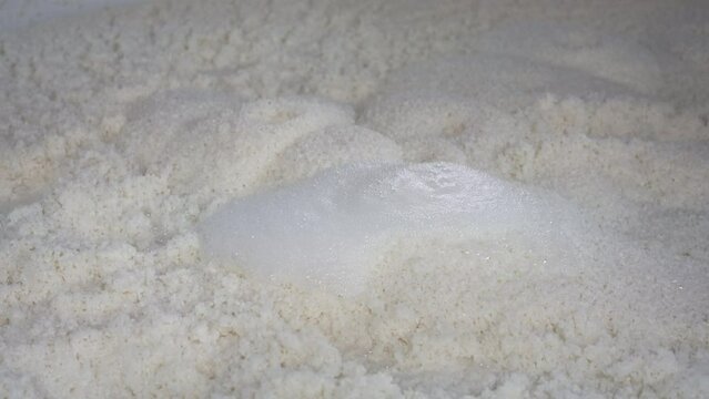 Kyoto, Japan - Feburuay 21, 2023: Bubble of carbon dioxide from sake malt during sake fermentation process
