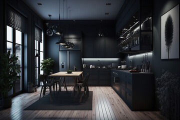 Fototapeta na wymiar Modern kitchen features, artificial light, wooden floors for luxury apartments generative AI tools.