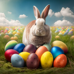 fluffy easter bunny with colorful eggs. generative ai