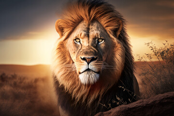 Lion at savanna on sunset sky abstract background. Animal and nature environment concept. Generative ai