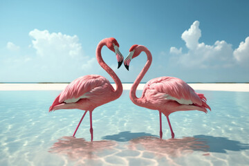 Fototapeta na wymiar Couple flamingos neck heart shape on tropical beach abstract background. Love and nature concept. Generative ai