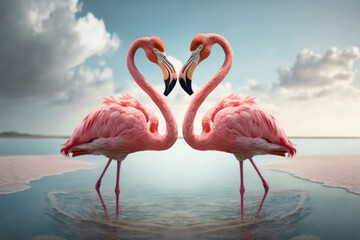 Fototapeta na wymiar Couple flamingos neck heart shape on tropical beach abstract background. Love and nature concept. Generative ai