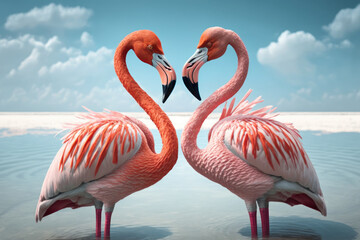Couple flamingos neck heart shape on tropical beach abstract background. Love and nature concept. Generative ai