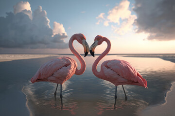 Couple flamingos neck heart shape on tropical beach abstract background. Love and nature concept. Generative ai