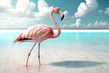 Flamingo walking on tropical beach with blue sky white clouds abstract background. Nature environment and animal concept. Generative ai - obrazy, fototapety, plakaty