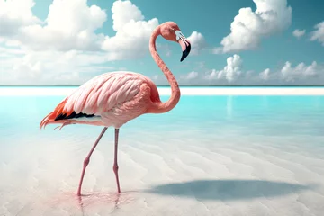 Fotobehang Flamingo walking on tropical beach with blue sky white clouds abstract background. Nature environment and animal concept. Generative ai © tonktiti