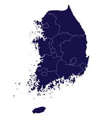 Map of South Korea administrative map with high detail blue color outline on white background. 