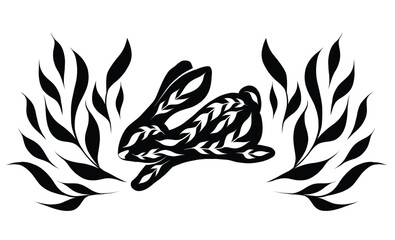 Vector card with black silhouette decorated jumping rabbit in stems wreath. Monochrome folk art bunny with foliages. Horizontal clipart