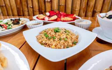 Chifa, half dozen of fried wantan with tamarind. peruvian food. chaufa rice, chicken tausi, wantan soup.