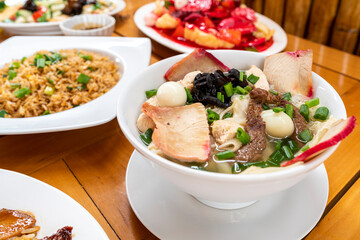 special wantan soup, with pork and vegetables. chinese peruvian food