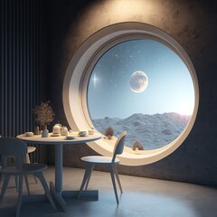 Moon view from the window of a surreal hotel 