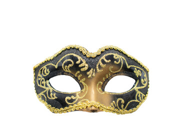Isolated black and gold Venetian mask on blank background - front facing