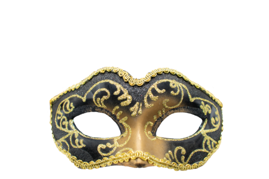 Isolated black and gold Venetian mask on blank background - front facing