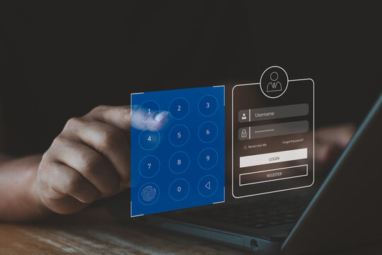 Business people enter a pin code to access the virtual screen security system. User authentication system with username and password, global network security technology, cyber security concept.
