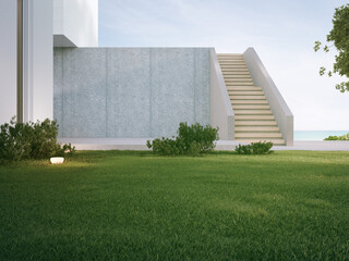 Fototapeta na wymiar House with concrete terrace near empty grass floor. 3d rendering of green lawn in modern home.