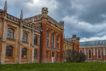 Obraz premium Complex of old gothic imperial stables on a gloomy october day. Saint Petersburg