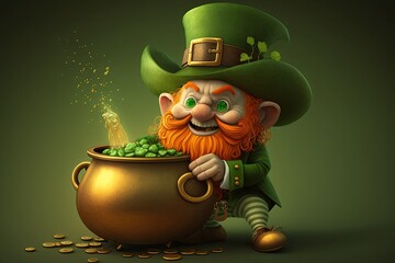St Patricks day leprechaun with a pot of gold and green background