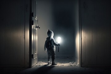 Silhouette of a child with a flashlight in a dark room. Generative AI. - obrazy, fototapety, plakaty