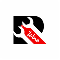 Wine bottle and wrench logo design in letter R. Unique concept logo.