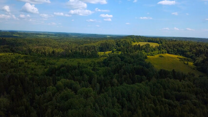 Obraz premium Cinematic aerial shot of an endless hills and forest landscape in southern Slovenia. Clip. Flying above summer dense forest.