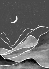 Night Mountain landscape watercolor painting. Natural abstract landscape background. Mountains, hills and the moon in black and white. vector illustration