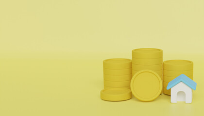 Coins with house, finance and real estate concept.3d rendering