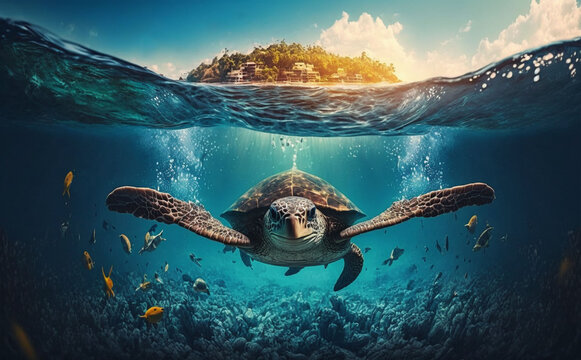 turtle swims underwater in the sea, against the backdrop of beautiful nature, summer day, generative ai