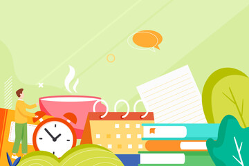 Students are exchanging learning experience, with books and stationery in the background, vector illustration