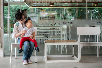 baby and mother, sit in, cafe, family, love, son,asian