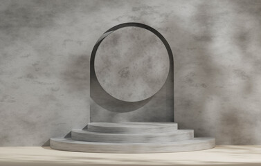 Geometric circle display stand showcases shadows of leaves on background