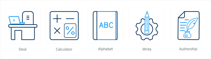 A set of 5 School icons as desk, calculator, alphabet