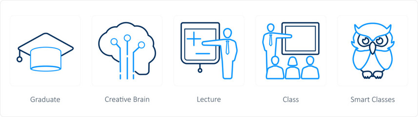 A set of 5 School icons as graduate, creative brain, lecture