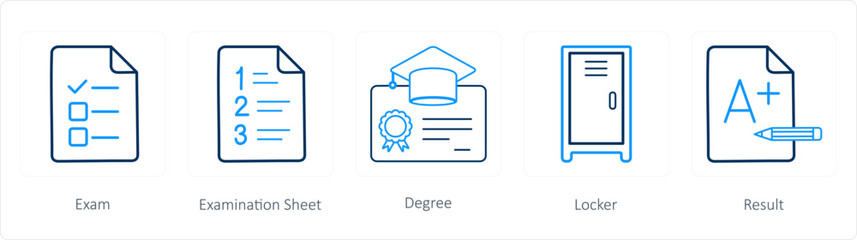 A set of 5 School icons as exam, examination sheet, degree