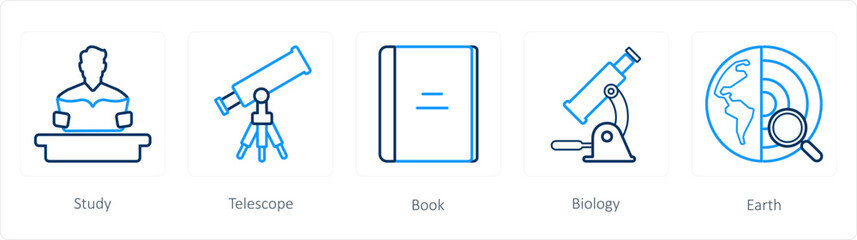 A set of 5 School icons as school, study, telescope