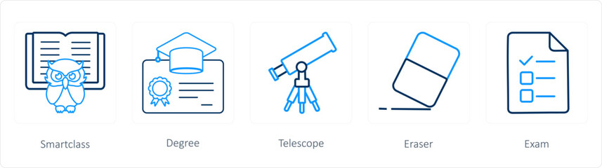 A set of 5 School icons as smart class, degree, telescope